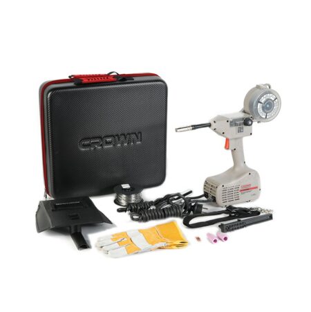 ماكينة لحام CROWN CT33288 CFC محمولة بمسدس لحام، بقدرة 140 أمبير، تدعم بكرات سلك 0.8 مم و1.0 مم، مناسبة لأعمال لحام الحديد والمعادن في الورش والمشروعات الصناعية، وتتميز بتصميم مدمج وسهل الحمل.