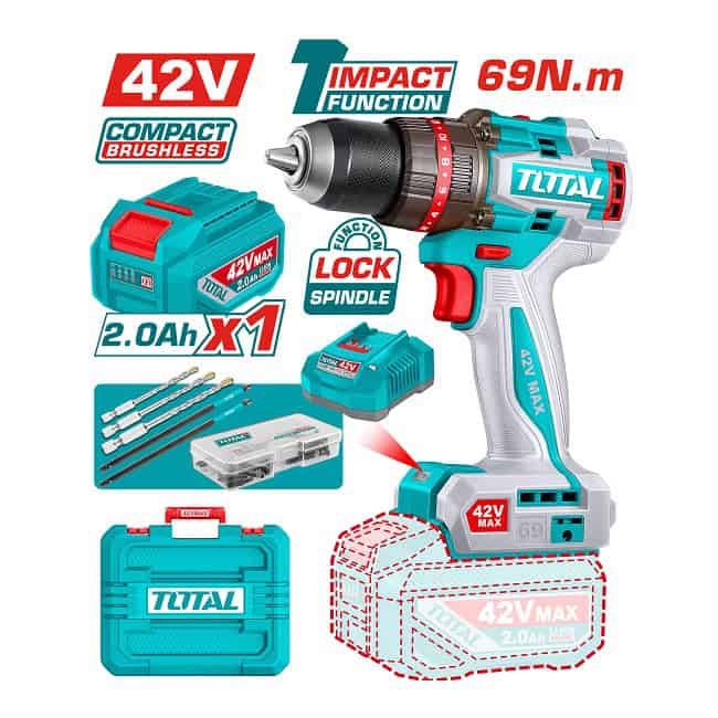 شنيور دقاق TOTAL TIDLI426981 42 فولت 69 نيوتن شنيور دقاق Brushless TOTAL TIDLI426981 بجهد 42 فولت وعزم 69 نيوتن وظرف معدني 13 مم مع بطارية وشاحن.
