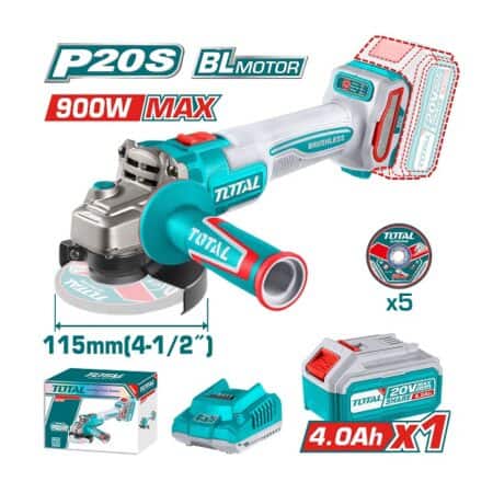 صاروخ بطارية Brushless TOTAL TAGLI261521 بجهد 20 فولت وقرص 115 مم وقدرة 900 وات مع بطارية 4 أمبير وشاحن.