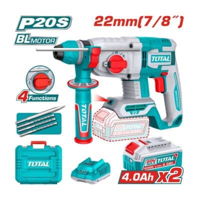 هيلتي بطارية Brushless TOTAL TRHLI212282 بجهد 20 فولت وطاقة طرق 2 جول وقدرة تخريم 22 مم في الخرسانة مع بطاريتين وشاحن.