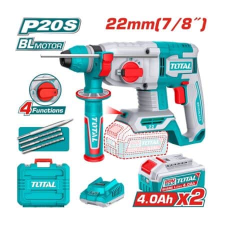 هيلتي بطارية Brushless TOTAL TRHLI212282 بجهد 20 فولت وطاقة طرق 2 جول وقدرة تخريم 22 مم في الخرسانة مع بطاريتين وشاحن.