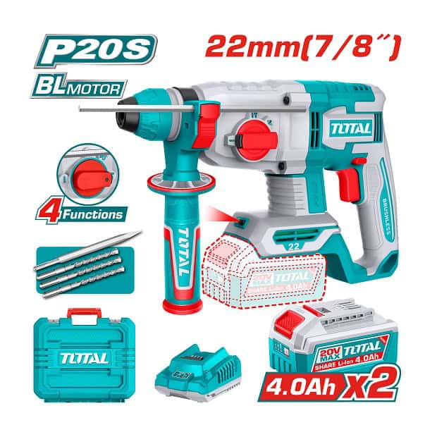 هيلتي بطارية TOTAL TRHLI212282 20 فولت 22 مم Brushless هيلتي بطارية Brushless TOTAL TRHLI212282 بجهد 20 فولت وطاقة طرق 2 جول وقدرة تخريم 22 مم في الخرسانة مع بطاريتين وشاحن.
