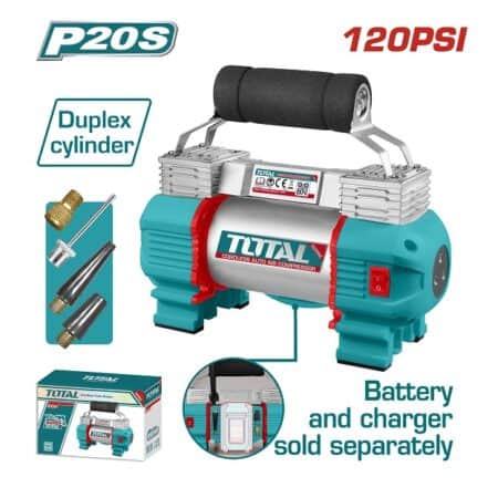كمبروسر هواء بطارية TOTAL TACLI2026 بجهد 20 فولت وضغط 120 PSI مع 4 وصلات وخرطوم هواء، بدون بطارية وشاحن.