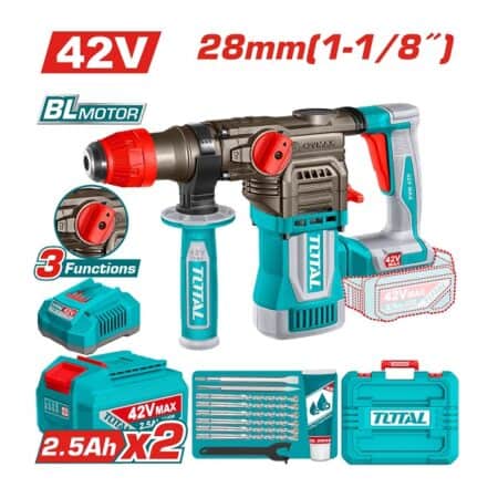 هيلتي تخريم وتكسير Brushless TOTAL TRHLI422882 بجهد 42 فولت وطاقة طرق 4.5 جول وقدرة تخريم 28 مم مع بطاريتين وشاحن.