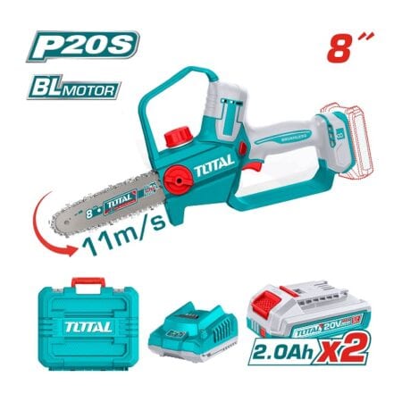 منشار شجر بطارية Brushless TOTAL TGSLI20882 بجهد 20 فولت وسلاح 8 بوصة وسرعة سلسلة 11 متر في الثانية مع بطاريتين وشاحن.