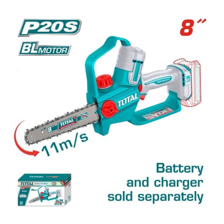 منشار شجر بطارية Brushless TOTAL TGSLI2088 بجهد 20 فولت وسلاح 8 بوصة وسرعة جنزير 11 متر في الثانية بدون بطارية وشاحن.
