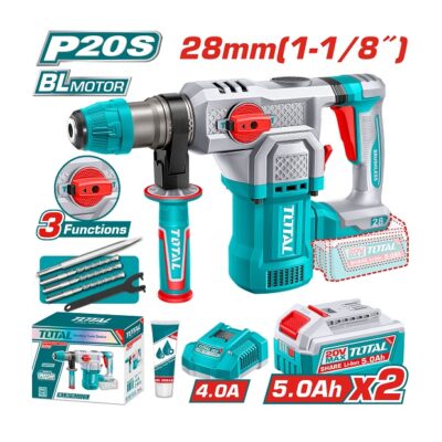 هيلتي تخريم وتكسير Brushless TOTAL TRHLI202862 بجهد 20 فولت وطاقة طرق 4.5 جول وقدرة تخريم 28 مم مع بطاريتين 5 أمبير وشاحن.