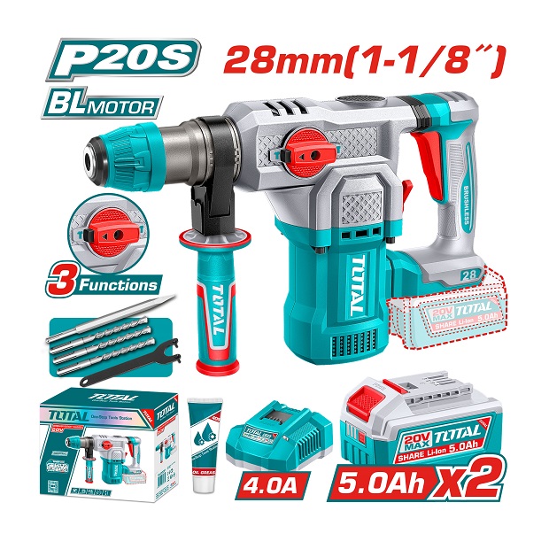 هيلتي تخريم وتكسير Brushless TOTAL TRHLI202862 بجهد 20 فولت وطاقة طرق 4.5 جول وقدرة تخريم 28 مم مع بطاريتين 5 أمبير وشاحن.