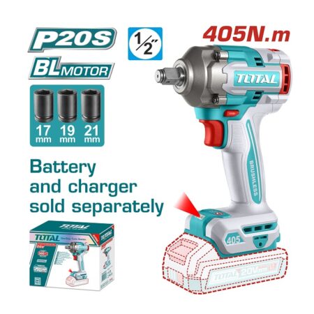 دريل فك وربط بطارية Brushless TOTAL TIWLI2045 بجهد 20 فولت وعزم 405 نيوتن ومقاس 1/2 بوصة بدون بطارية وشاحن.
