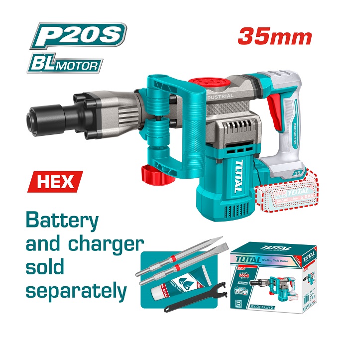 شاكوش تكسير بطارية Brushless TOTAL TDBLI20358 بجهد 20 فولت وقوة طرق 16 جول ونظام SDS-Hex بدون بطارية أو شاحن.