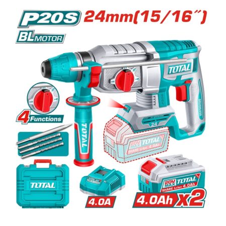 هيلتي تخريم وتكسير Brushless TOTAL TRHLI202482 بجهد 20 فولت وطاقة طرق 2.4 جول وقدرة تخريم 24 مم مع بطاريتين 4 أمبير وشاحن.