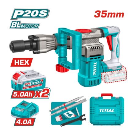شاكوش تكسير بطارية Brushless TOTAL TDBLI203582 بجهد 20 فولت وقوة طرق 16 جول ومقاس 35 مم مع بطاريتين 5 أمبير وشاحن.
