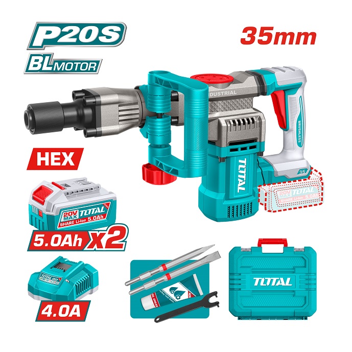 شاكوش تكسير بطارية Brushless TOTAL TDBLI203582 بجهد 20 فولت وقوة طرق 16 جول ومقاس 35 مم مع بطاريتين 5 أمبير وشاحن.