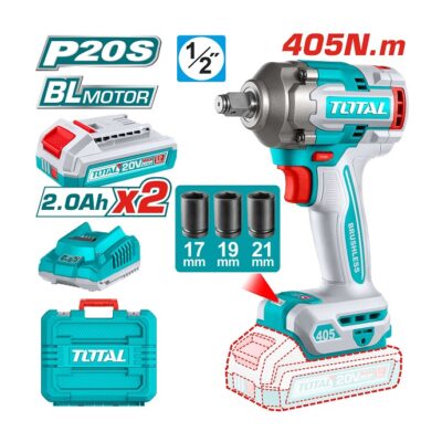 دريل فك وربط بطارية Brushless TOTAL TIWLI2045 بجهد 20 فولت وعزم ربط 405 نيوتن وعزم فك 555 نيوتن مع بطاريتين وشاحن.