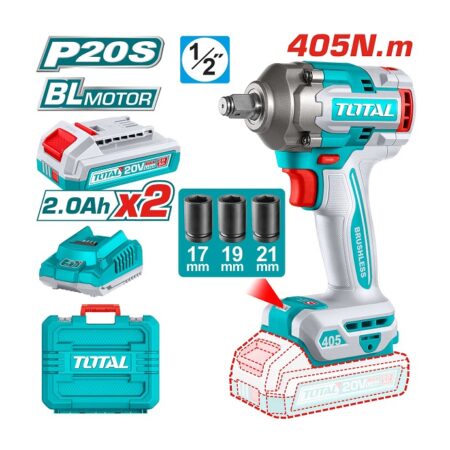 دريل فك وربط بطارية Brushless TOTAL TIWLI2045 بجهد 20 فولت وعزم ربط 405 نيوتن وعزم فك 555 نيوتن مع بطاريتين وشاحن.