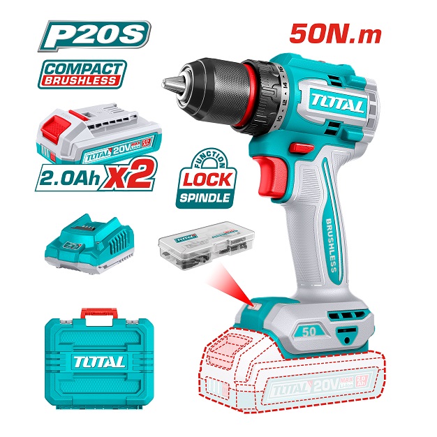 شنيور بطارية TOTAL TDLI205062 20 فولت 50 نيوتن شنيور بطارية Brushless TOTAL TDLI205062 بجهد 20 فولت وعزم 50 نيوتن متر وظرف معدني 13 مم مع بطاريتين وشاحن.