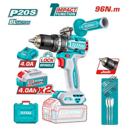 شنيور دقاق بطارية Brushless TOTAL TIDLI209686 بجهد 20 فولت وعزم 96 نيوتن متر وظرف معدني Jacobs 13 مم مع بطاريتين وشاحن.