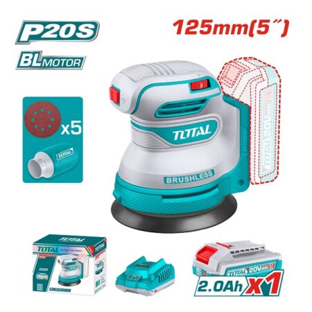 صنفرة دائرية بطارية TOTAL 20 فولت بمحرك Brushless وقاعدة 125 مم مع بطارية 2 أمبير وشاحن.