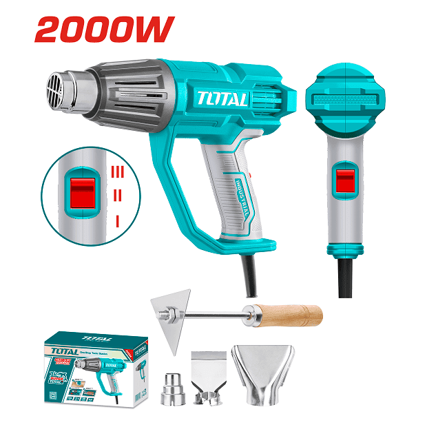 مسدس تسخين TOTAL TB20078 2000 وات مع 4 إكسسوارات مسدس تسخين TOTAL TB20078 بقدرة 2000 وات و3 مستويات حرارة مع 4 قطع إكسسوارات.
