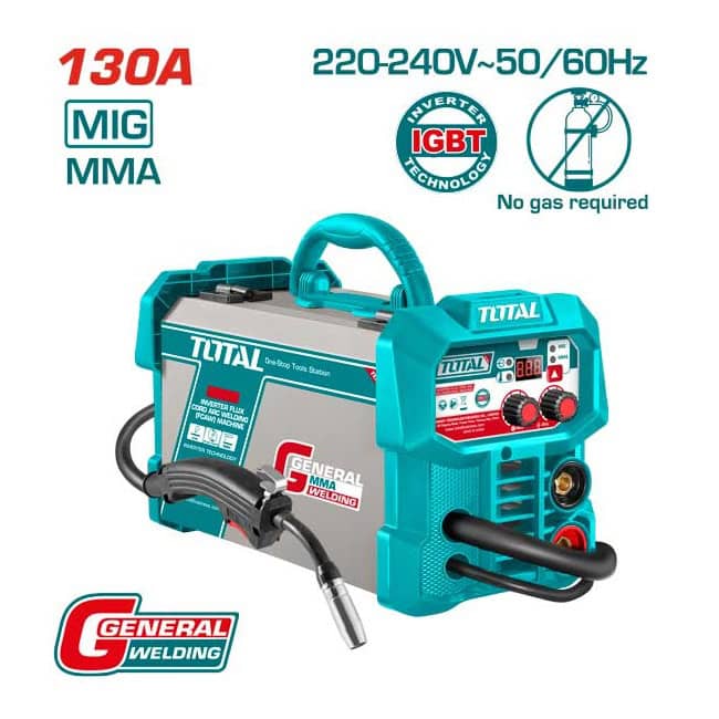 ماكينة لحام TOTAL TFC13018 انفرتر 130 أمبير بدون غاز ماكينة لحام انفرتر TOTAL TFC13018 بتيار 130 أمبير MIG وMMA بدون غاز مع سلك فلكس 0.9 مم.