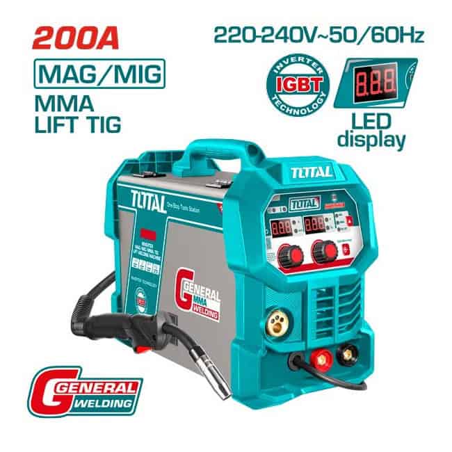 ماكينة لحام انفرتر TOTAL TMGT20058 بتيار 200 أمبير تدعم MIG وMAG وMMA وTIG Lift مع وحدة تغذية سلك مدمجة.