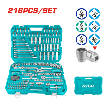 طقم لقم ومفاتيح TOTAL THKTHP22166 مكون من 216 قطعة بمقاسات 1/4 و3/8 و1/2 بوصة داخل شنطة تخزين احترافية.
