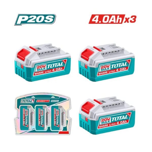 طقم 3 بطاريات TOTAL 20 فولت 4 أمبير TOSLI251296 طقم 3 بطاريات ليثيوم أيون TOTAL TOSLI251296 بجهد 20 فولت وسعة 4 أمبير متوافقة مع أدوات P20S.