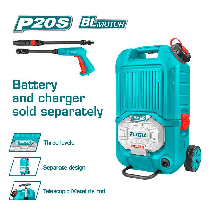 ماكينة غسيل سيارات ضغط TOTAL TPWLI4006 بجهد 40 فولت ومحرك Brushless وضغط يصل إلى 80 بار وخزان 15 لتر بدون بطارية أو شاحن.