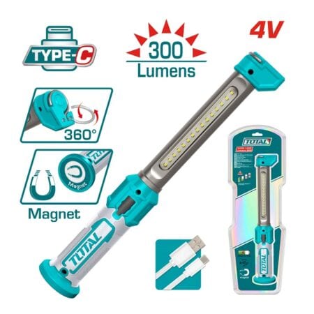 كشاف LED محمول TOTAL TWLI043006 ببطارية 4 فولت وسطوع 300 لومن مع قاعدة مغناطيسية وخطاف تعليق وشحن USB.
