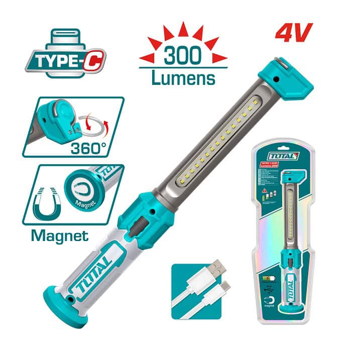 كشاف محمول TOTAL TWLI043006 بطارية 4 فولت 300 لومن كشاف LED محمول TOTAL TWLI043006 ببطارية 4 فولت وسطوع 300 لومن مع قاعدة مغناطيسية وخطاف تعليق وشحن USB.