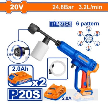 ماكينة غسيل ضغط عالي لاسلكية WADFOW WQX11203 بمحرك براشلس 20 فولت وضغط 24.8 بار مع بطاريتين وشاحن لتنظيف السيارات والحدائق.