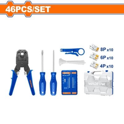 طقم أدوات شبكات WADFOW WHS2B46 مكون من 46 قطعة مع جهاز اختبار كابلات لتركيب وصيانة شبكات الإنترنت وكابلات RJ45.