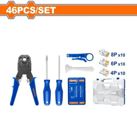 طقم أدوات شبكات WADFOW WHS2B46 مكون من 46 قطعة مع جهاز اختبار كابلات لتركيب وصيانة شبكات الإنترنت وكابلات RJ45.