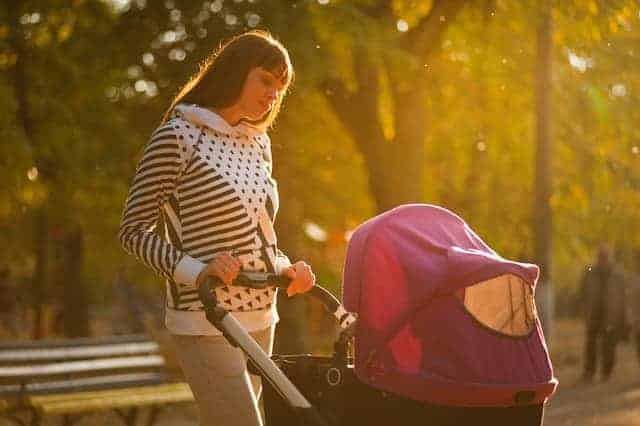 woman pushing stroller in the park