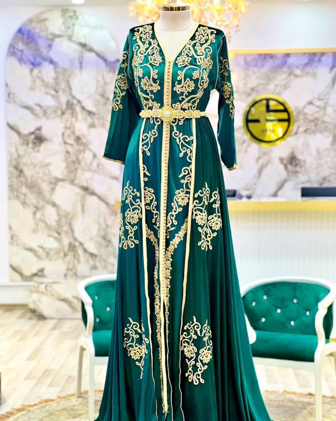 Caftan miroir Greem King قفطان فخم بقماش الكاتفة مراية -لون الاخضر الملكي - الصورة 1