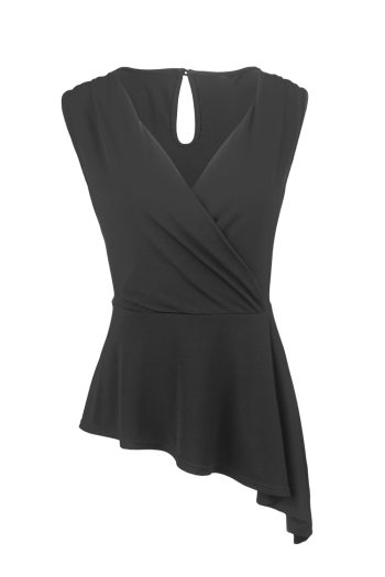 LoveIt Black Asymmetric Peplum Top VN-3-A-S-PH FT653 Front