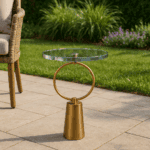 Indian side table, round, hollowed out metal frame, gold color
