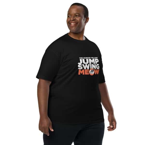 "Jump Swing Meow!" Men’s premium heavyweight tee in Black or Charcoal Heather - Image 2