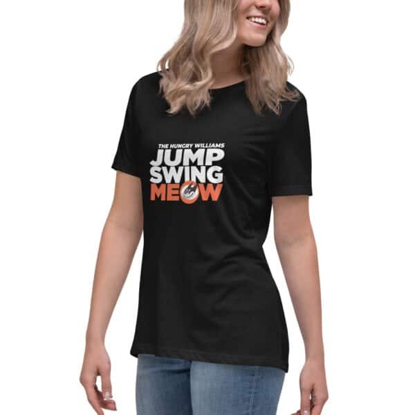 "Jump Swing Meow" Women's Relaxed T-Shirt in Black and Vintage Black - Image 11