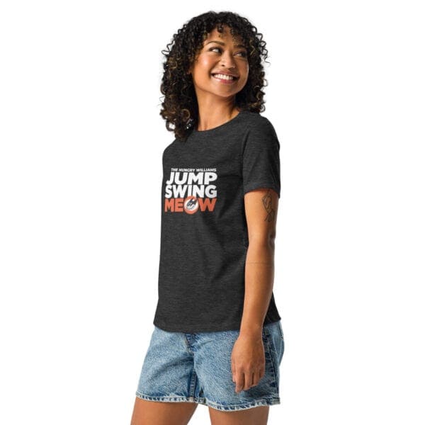 "Jump Swing Meow" Women's Relaxed T-Shirt in Black and Vintage Black - Image 6