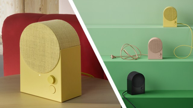 A yellow IKEA Nattbadd speaker on a table, next to three versions of the speaker on green stairs