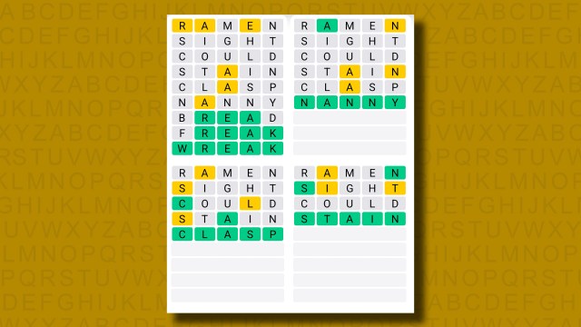 Quordle answers for game 1265 on a yellow background