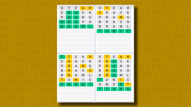 Quordle Daily Sequence answers for game 1225 on a yellow background