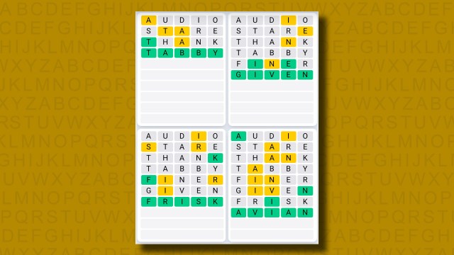 Quordle Daily Sequence answers for game 1184 on a yellow background