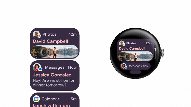 A GIF showing Wear OS 6 and the new style of buttons that grow as they fill more of the watch screen