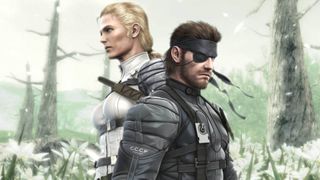 Snake and The Boss, posing back to back against a beautiful, flowery background