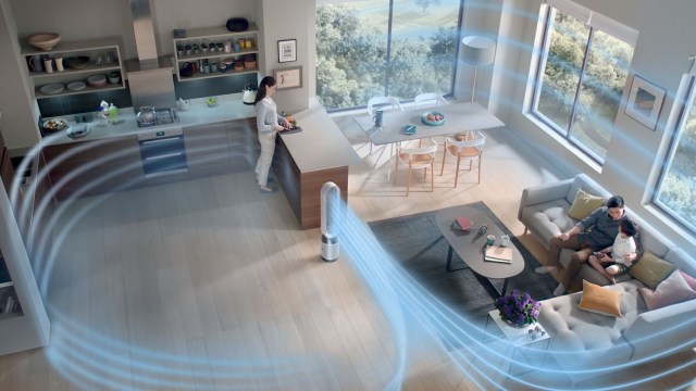 Graphic showing Dyson Purifier Cool Gen1 TP10 circulating air in a living room