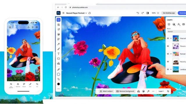 The interface of the Adobe Photoshop for mobile app, edits of a model against a blue sky