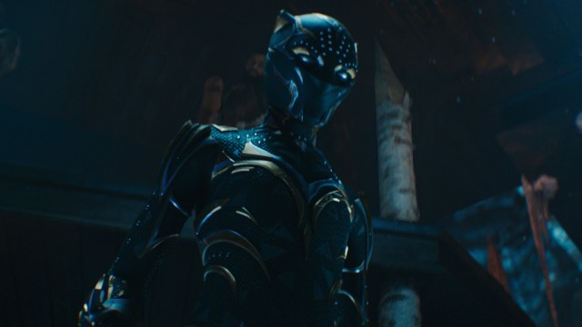 The new Black Panther stands in a cave in the Jabari tribe's territory in Black Panther: Wakanda Forever
