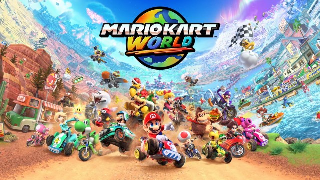 Mario Kart World key art showing characters racing across multiple regions under the game's logo